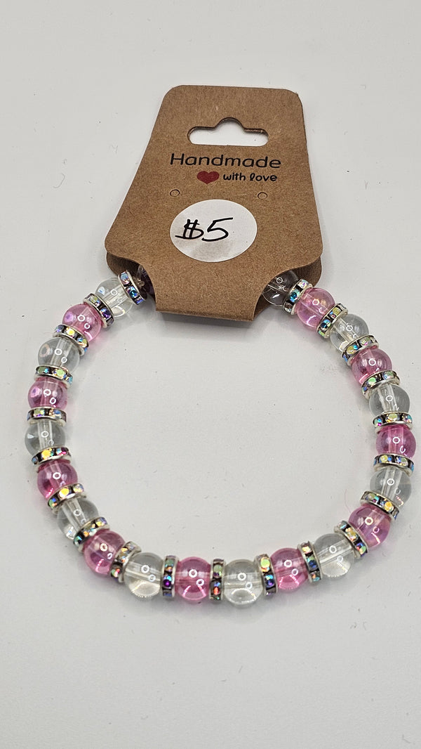 Glass Clear and Pink Beaded Bracelet with Pink Rhinestone Detail