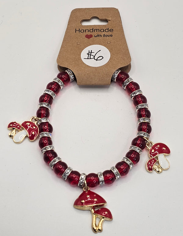 Red Glass Beaded Mushroom Charm Bracelet
