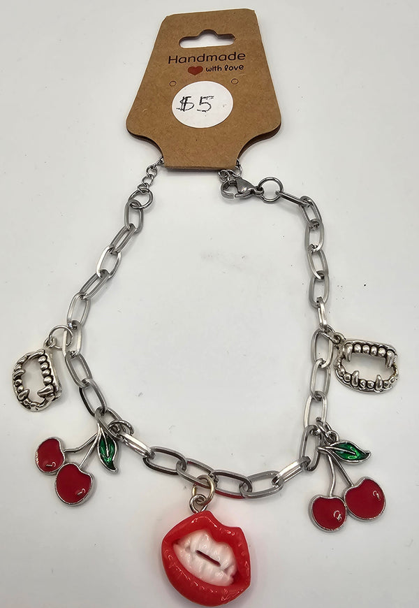 Adjustable Vampire Teeth and Cherries Charm Bracelet