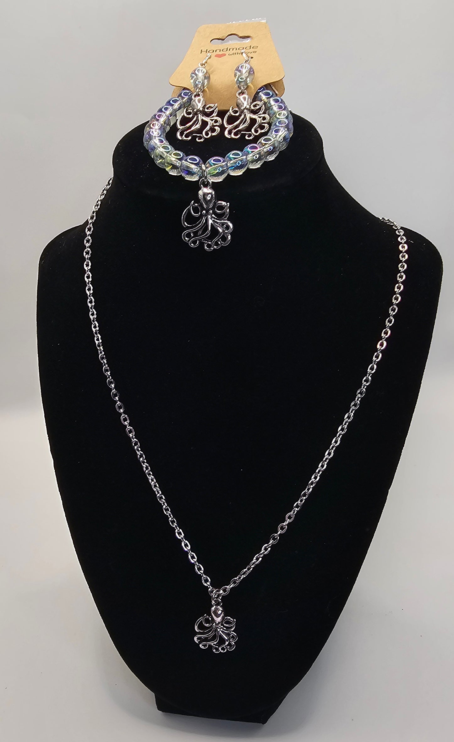 3 piece Octopus Charm Set Bracelet (glass bead), Necklace, and Earrings