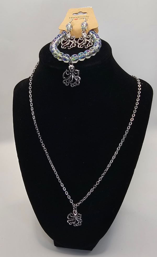 3 piece Octopus Charm Set Bracelet (glass bead), Necklace, and Earrings