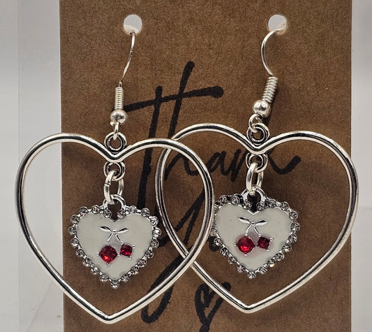 Silver Heart Shaped Hoops w/Rhinestone Detail
