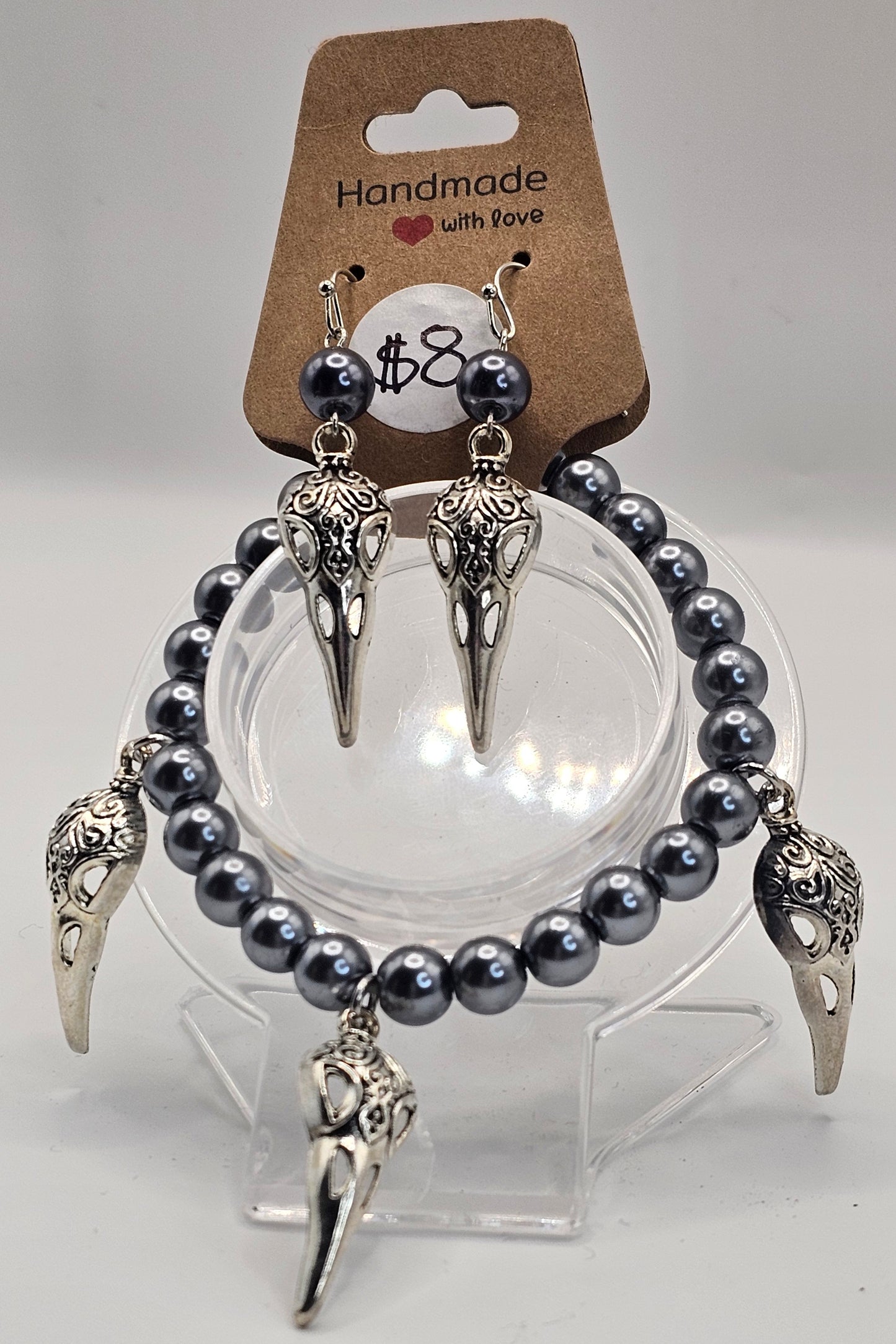 Glass Bead Raven Skull Bracelet/Earring Set