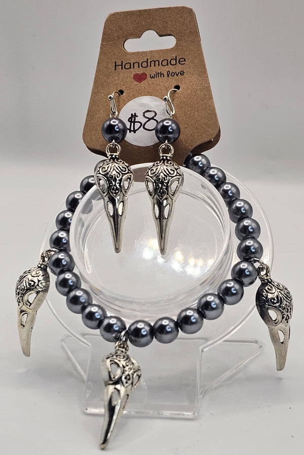 Glass Bead Raven Skull Bracelet/Earring Set