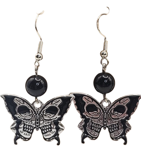 Black Glass Bead Detail Skull Butterfly Earrings