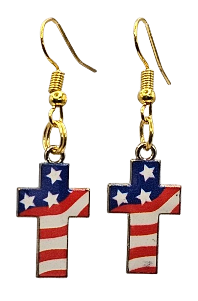 American Flag Theme Cross Drop Earrings