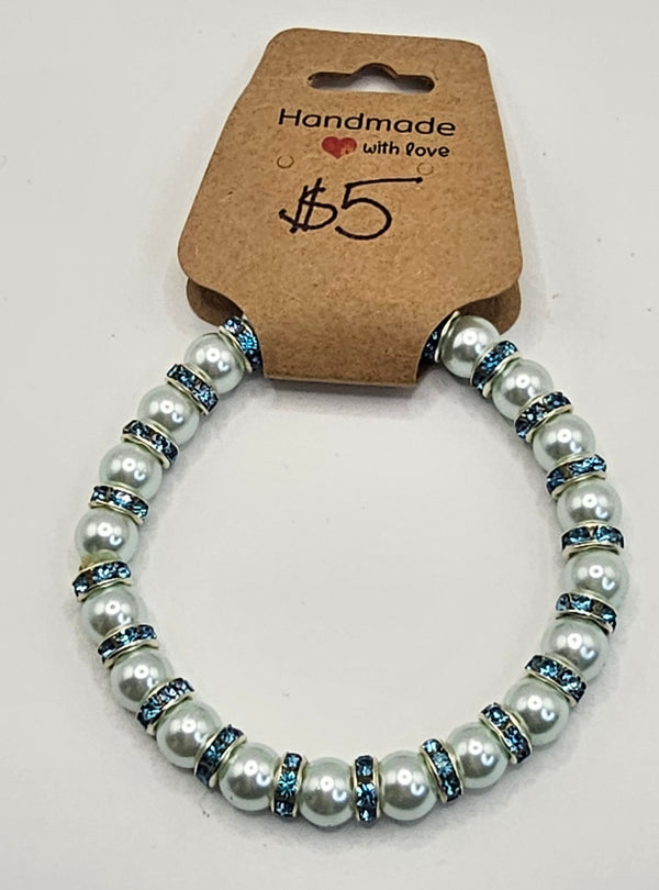 Glass Pearl Blue Rhinestone Detail Bracelet