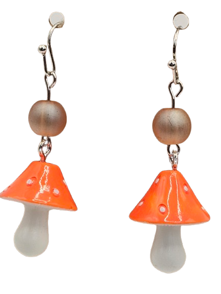3D Mushroom Earrings w/ glass Bead Detail