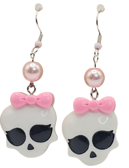 Cute Bow Skull Earrings With Small Pink Beaded Detail Fishhook