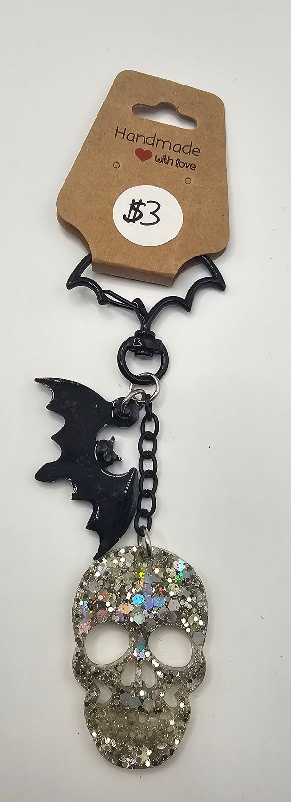 Resin Sparkle Skull w/ Bat Keychain