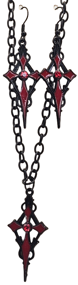 Black & Red Gothic Cross Earring/Necklace Set