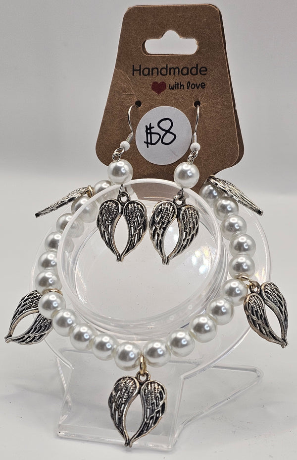Glass Pearl Angel Wing Charm Bracelet/Earring Set