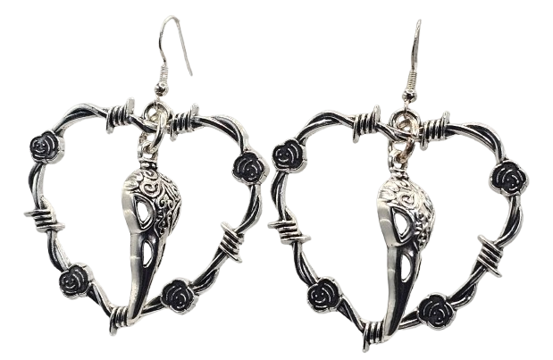 Large Heart Hoop Raven Skull Earrings