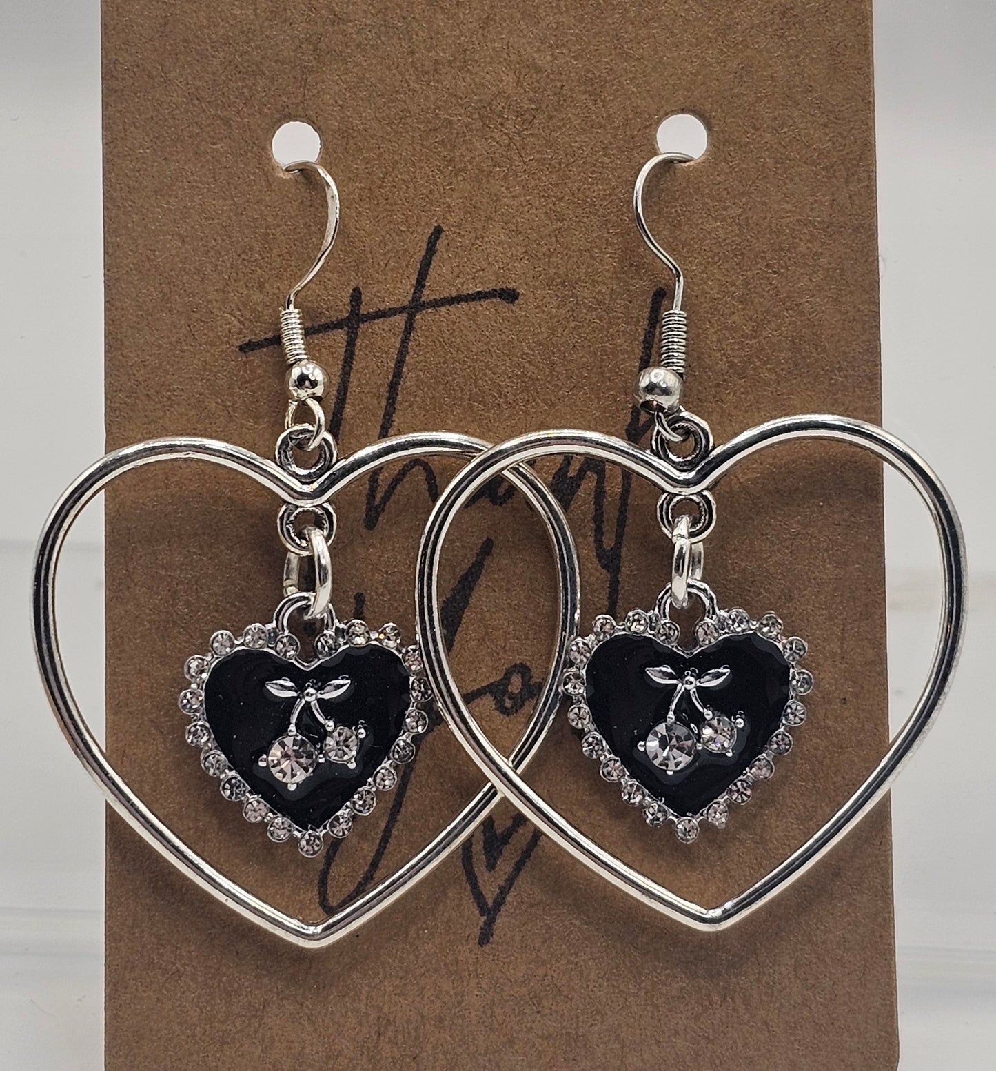 Silver Heart Shaped Hoops w/Rhinestone Detail