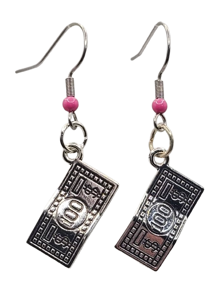 100 Dollar Bill Simple Earrings w/pink detail
