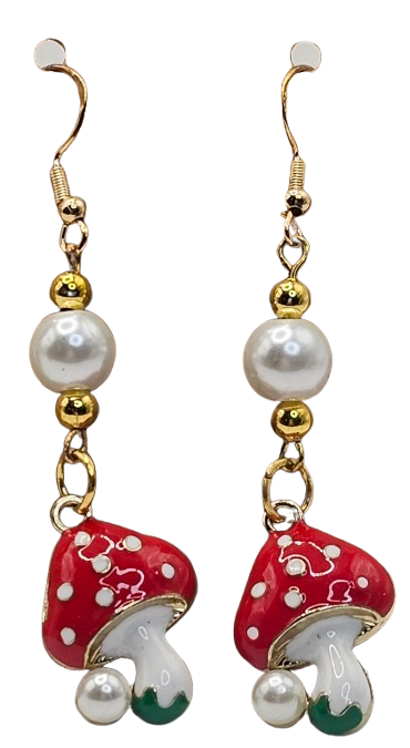 Long Dangle Mushroom Theme Earrings w/Glass Pearl Detail