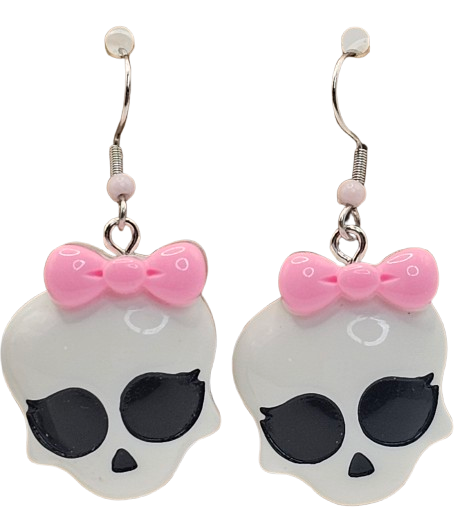 Cute Bow Skull Earrings With Small Pink Beaded Detail Fishhook