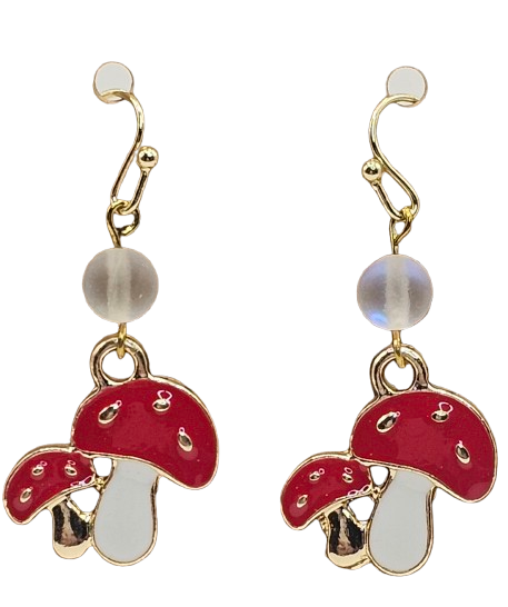 Mushroom Theme Earrings with Glass Iridescent Bead Detail