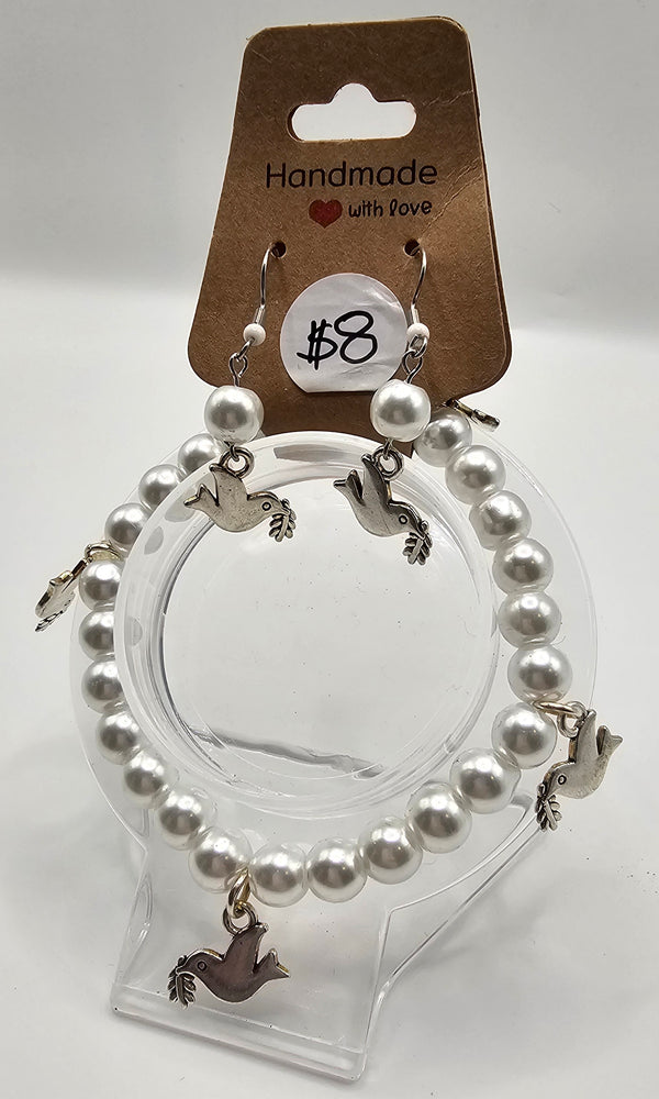 Glass Pearl Dove Charm Bracelet/Earring Set