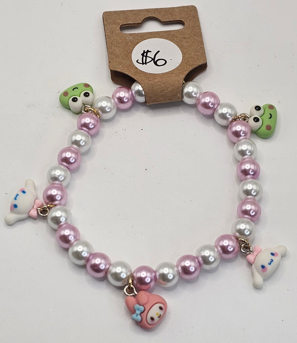 Pink & White Glass Kuromi Friends Charm Bracelet