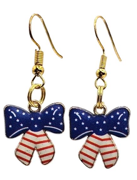 American Flag Theme Bow Drop Earrings