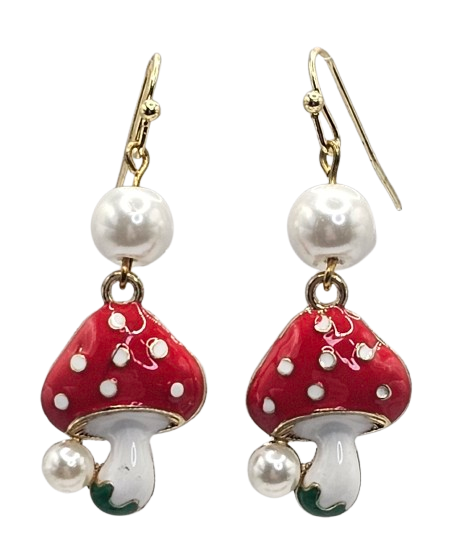 Short Mushroom Theme Glass Pearl Detail Earrings