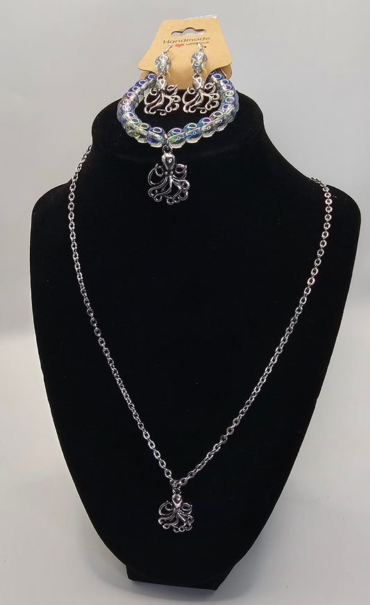 3 piece Octopus Charm Set Bracelet (glass bead), Necklace, and Earrings