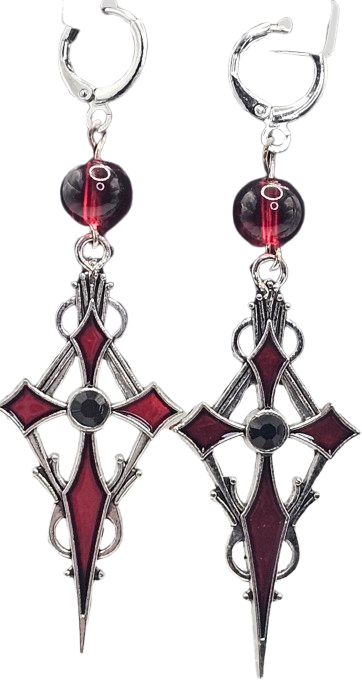 Red & Black Beaded Detail Hoop Style Gothic Cross Earrings