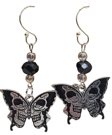 Ball and Hook Style Skull Butterfly Glass Bead Detail Earrings