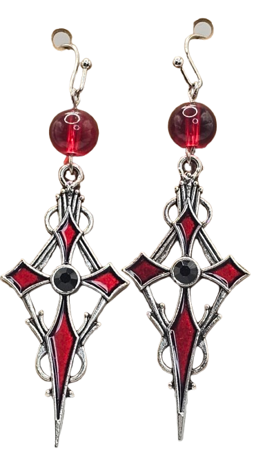 Red,Black, Silver Gothic Cross Beaded Detail Earrings