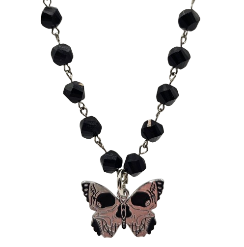Black Glass Beaded Skull Butterfly Necklace