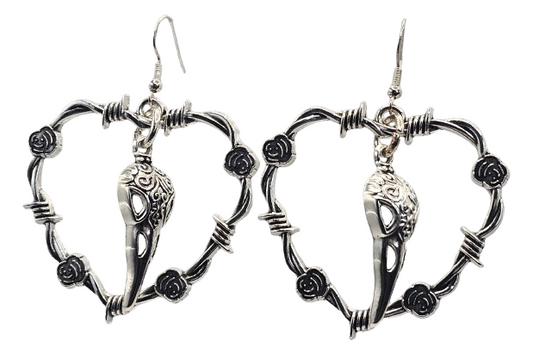 Large Heart Hoop Raven Skull Earrings