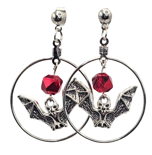 Red Beaded Bat Hoop Earrings